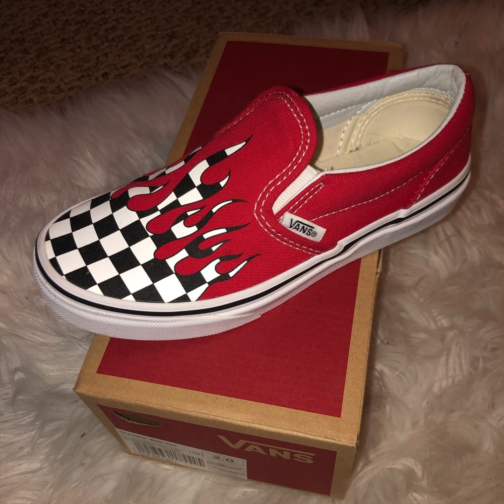 checker flame slip-on vans